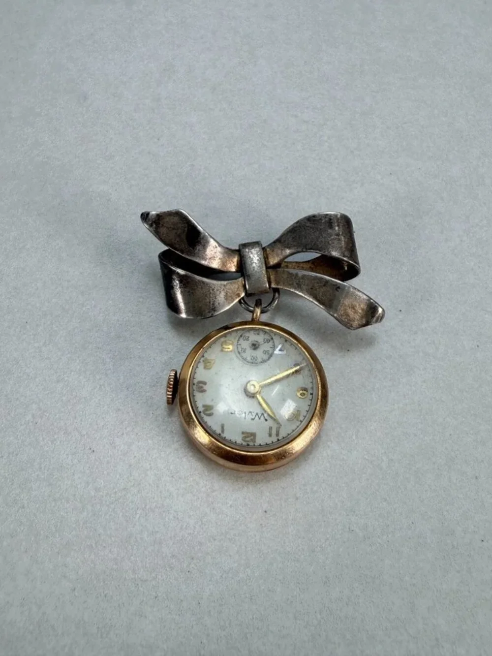 Vintage Sterling Silver Bow Brooch Wyler  Gold Filled Watch Pin